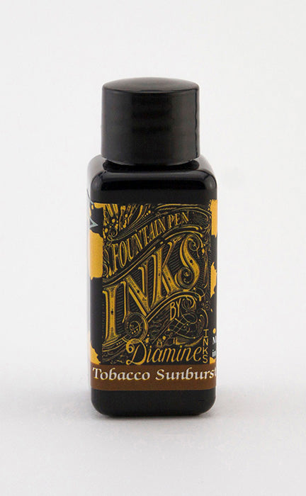 A bottle of 30ml Diamine Tobacco Sunburst fountain pen ink, in front of a white background.