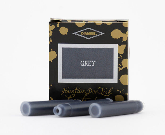 A packet of 6 Diamine fountain pen ink cartridges in Grey, in front of a white background.