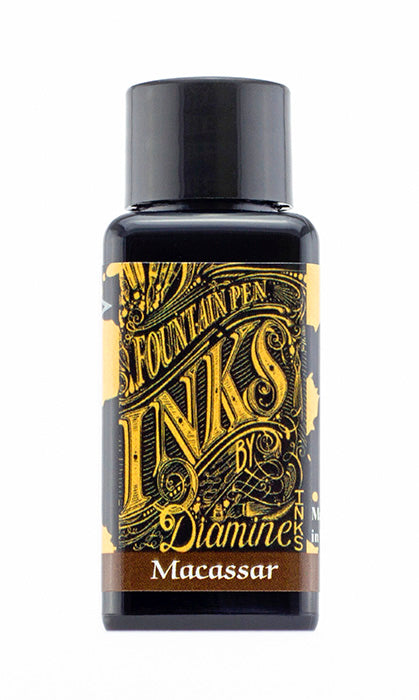 A bottle of 30ml Diamine Macassar fountain pen ink, in front of a white background.