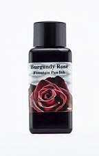 A bottle of 30ml Diamine Burgundy Rose fountain pen ink, in front of a white background.