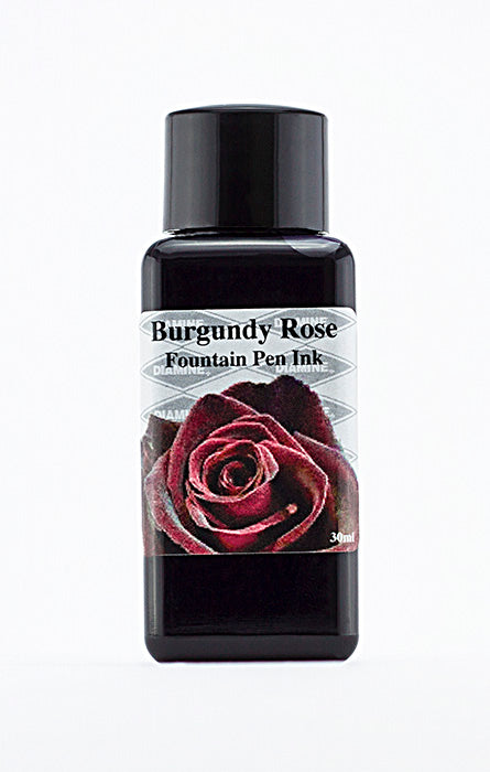 A bottle of 30ml Diamine Burgundy Rose fountain pen ink, in front of a white background.