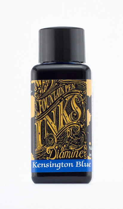 A bottle of 30ml Diamine Kensington Blue fountain pen ink, in front of a white background.