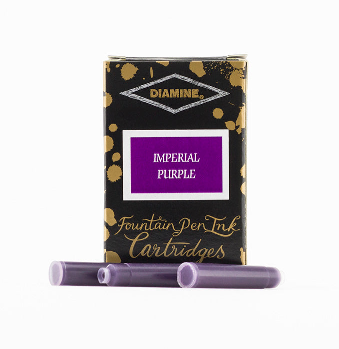 A packet of 18 Diamine fountain pen ink cartridges in Imperial Purple, in front of a white background.