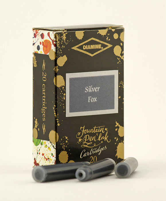 A packet of 20 Diamine 150th Anniversary fountain pen ink cartridges in Silver Fox, in front of a white background.