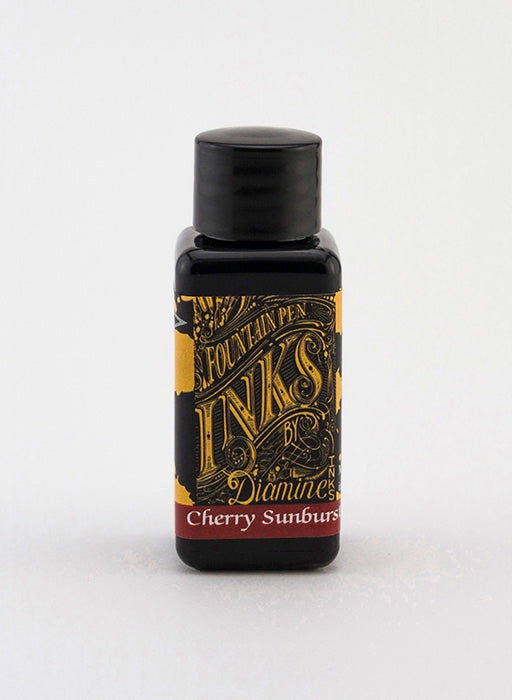 A bottle of 30ml Diamine Cherry Sunburst fountain pen ink, in front of a white background.