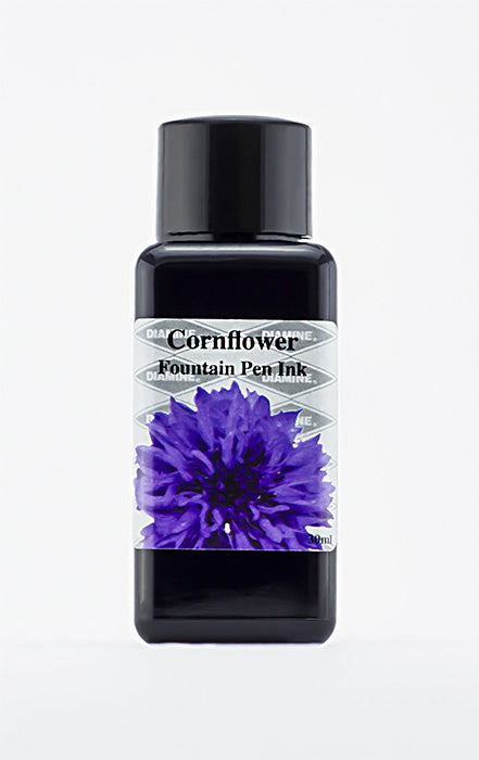 A bottle of 30ml Diamine Cornflower fountain pen ink, in front of a white background.