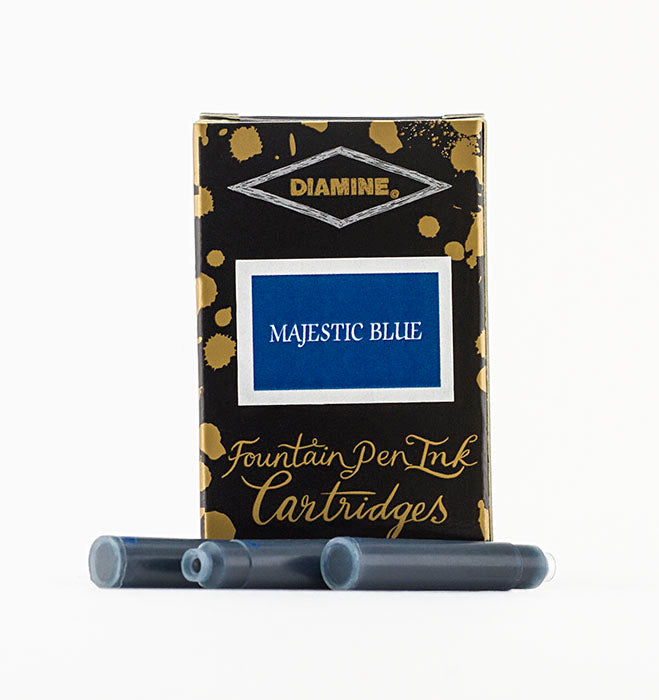 A packet of 18 Diamine fountain pen ink cartridges in Majestic Blue, in front of a white background.