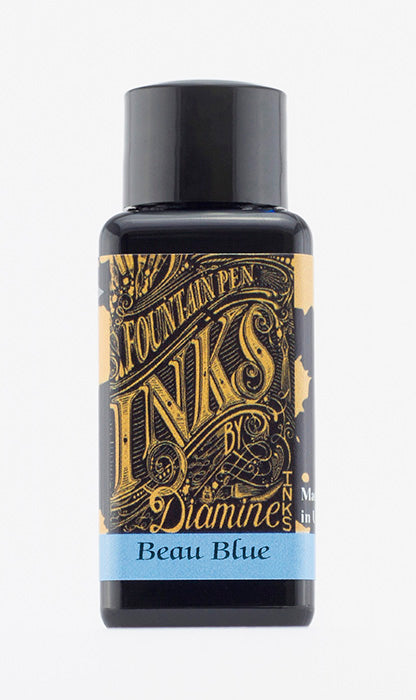 A bottle of 30ml Diamine Beau Blue fountain pen ink, in front of a white background.