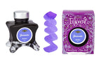 A glass bottle of 50ml Diamine Purple Edition Inkvent Jacaranda fountain pen ink next to colour swatch and its packaging box, in front of a white background.