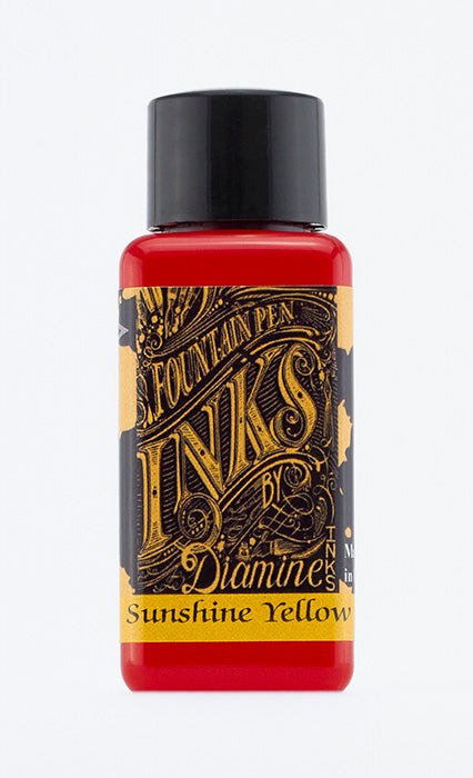 A bottle of 30ml Diamine Sunshine Yellow fountain pen ink, in front of a white background.