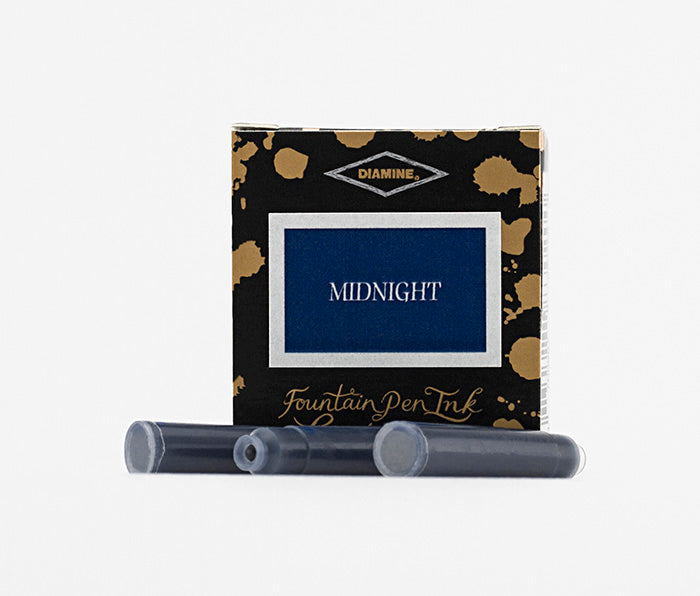 A packet of 6 Diamine fountain pen ink cartridges in Midnight, in front of a white background.