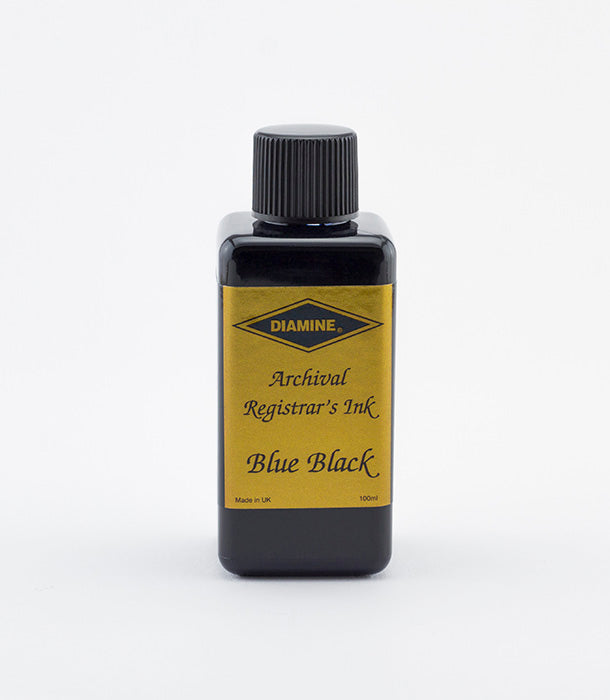 A plastic bottle of 100ml Diamine Archival Registrars fountain pen ink, in front of a white background.