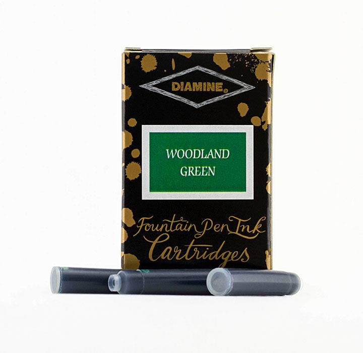 A packet of 18 Diamine fountain pen ink cartridges in Woodland Green, in front of a white background.