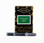 A packet of 18 Diamine fountain pen ink cartridges in Woodland Green, in front of a white background.