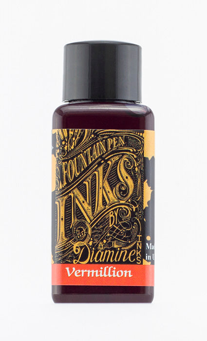 A bottle of 30ml Diamine Vermillion fountain pen ink, in front of a white background.