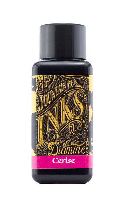 A bottle of 30ml Diamine Cerise fountain pen ink, in front of a white background.