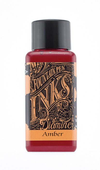 A bottle of 30ml Diamine Amber fountain pen ink, in front of a white background.