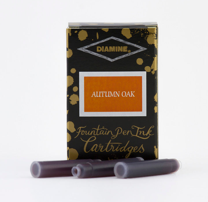 A packet of 18 Diamine fountain pen ink cartridges in Autumn Oak, in front of a white background.