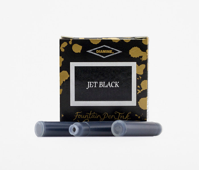 A packet of 6 Diamine fountain pen ink cartridges in Jet Black, in front of a white background.