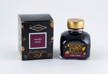 Load image into Gallery viewer, A glass bottle of 80ml Diamine Writers Bld fountain pen ink next to its packaging box, in front of a white background.
