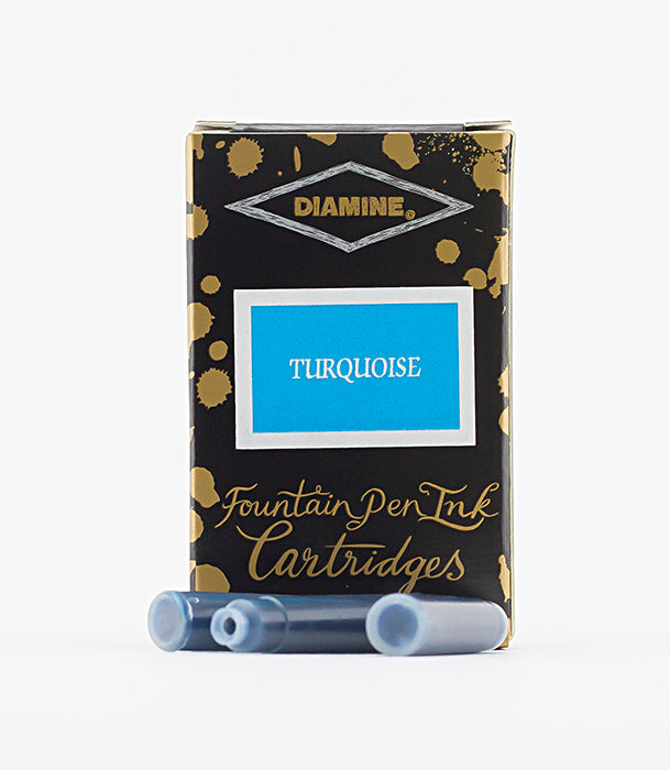 A packet of 18 Diamine fountain pen ink cartridges in Turquoise, in front of a white background.