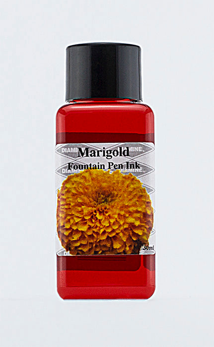 A bottle of 30ml Diamine Marigold fountain pen ink, in front of a white background.