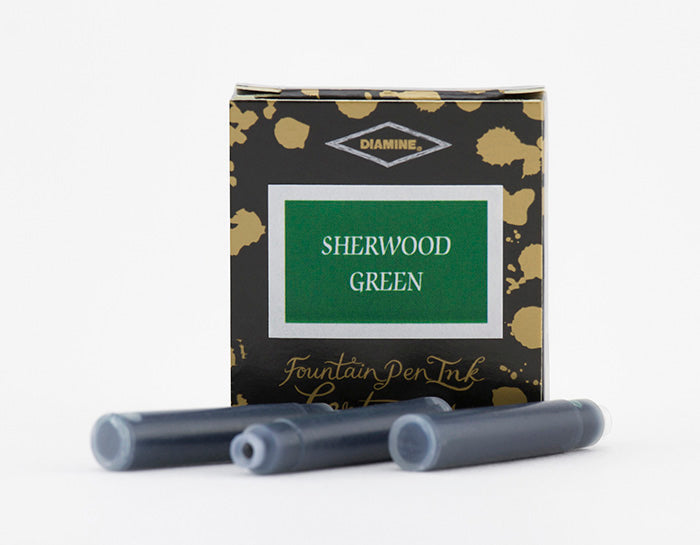 A packet of 6 Diamine fountain pen ink cartridges in Sherwood Green, in front of a white background.