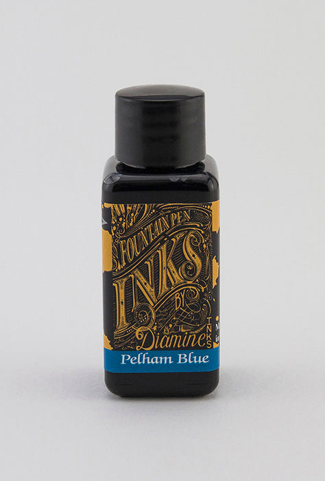 A bottle of 30ml Diamine Pelham Blue fountain pen ink, in front of a white background.