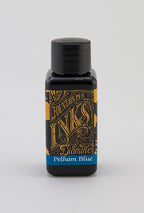 A bottle of 30ml Diamine Pelham Blue fountain pen ink, in front of a white background.