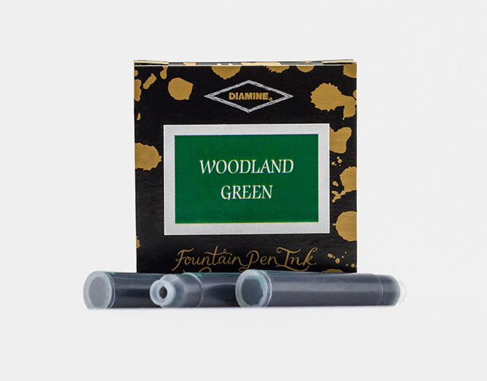 A packet of 6 Diamine fountain pen ink cartridges in Woodland Green, in front of a white background.