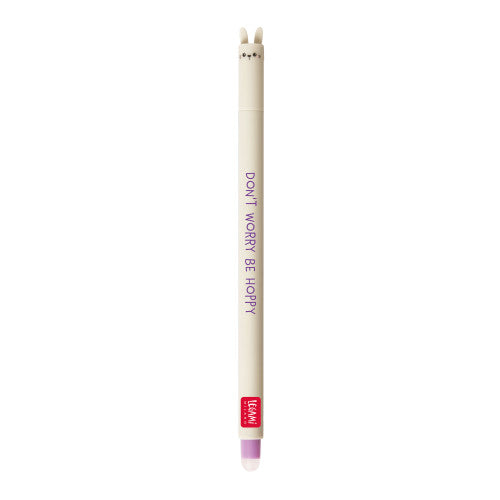 Purple Legami erasable pen with a bunny‑themed topper, photographed on a plain background.