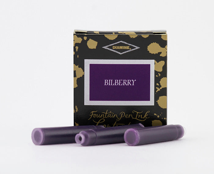 A packet of 6 Diamine fountain pen ink cartridges in Bilberry, in front of a white background.