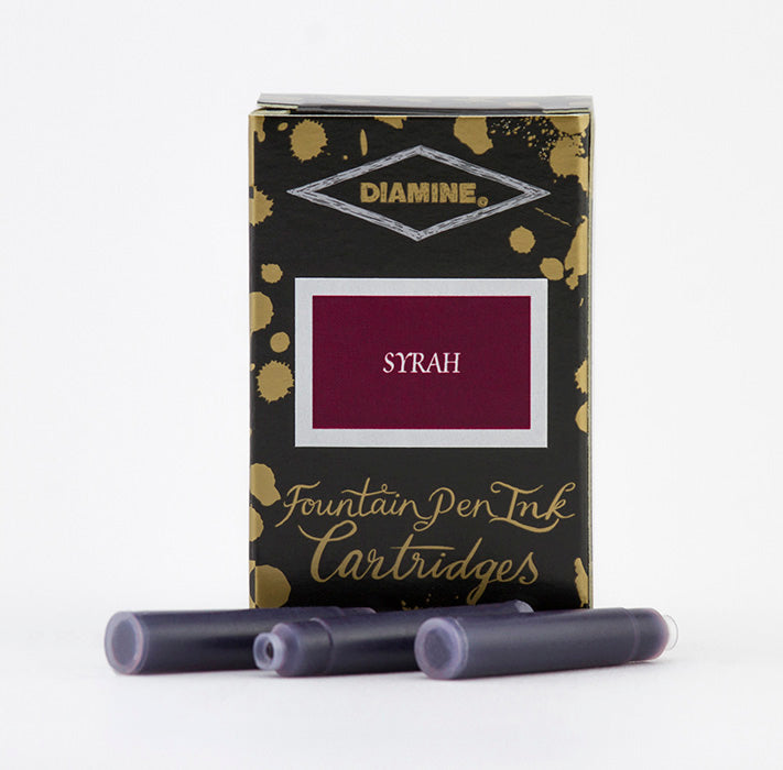 A packet of 18 Diamine fountain pen ink cartridges in Syrah, in front of a white background.
