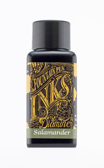 A bottle of 30ml Diamine Salamander fountain pen ink, in front of a white background.