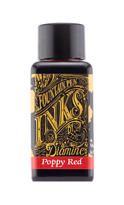 A bottle of 30ml Diamine Poppy Red fountain pen ink, in front of a white background.