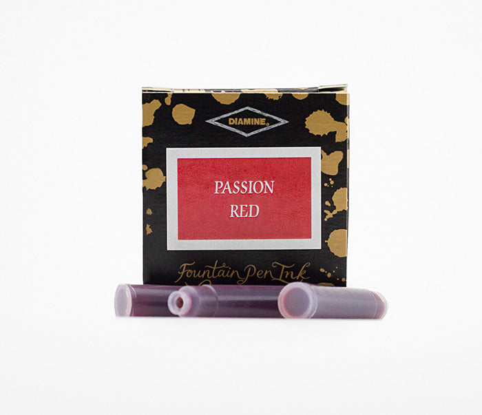 A packet of 6 Diamine fountain pen ink cartridges in Passion Red, in front of a white background.