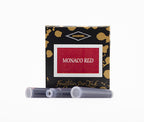 A packet of 6 Diamine fountain pen ink cartridges in Monaco Red, in front of a white background.
