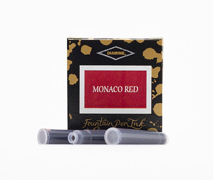 A packet of 6 Diamine fountain pen ink cartridges in Monaco Red, in front of a white background.