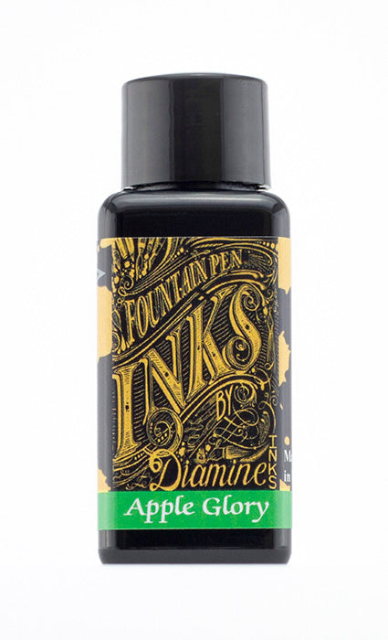 A bottle of 30ml Diamine Apple Glory fountain pen ink, in front of a white background.