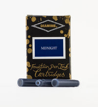 Load image into Gallery viewer, A packet of 18 Diamine fountain pen ink cartridges in Midnight, in front of a white background.
