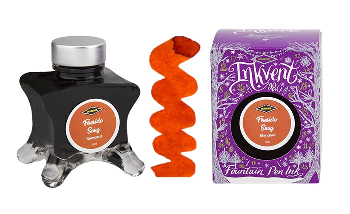 A glass bottle of 50ml Diamine Purple Edition Inkvent Fireside Snug fountain pen ink next to colour swatch and its packaging box, in front of a white background.