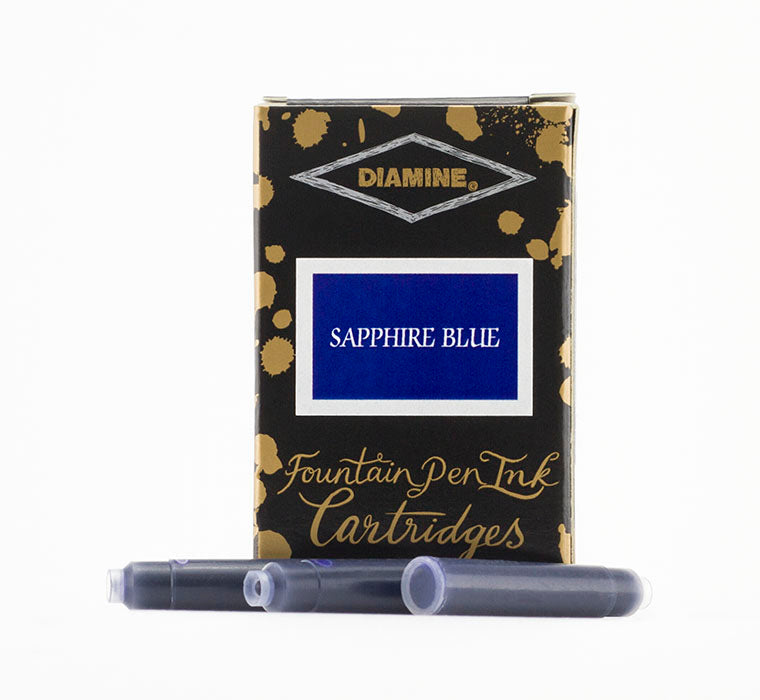 A packet of 18 Diamine fountain pen ink cartridges in Sapphire Blue, in front of a white background.