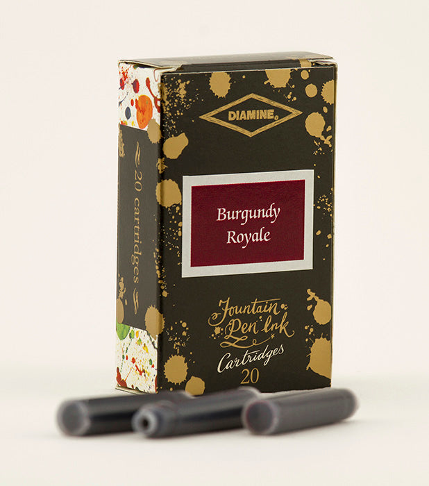 A packet of 20 Diamine 150th Anniversary fountain pen ink cartridges in Burgundy Royale, in front of a white background.
