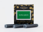 A packet of 6 Diamine fountain pen ink cartridges in Ultra Green, in front of a white background.