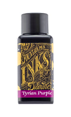 A bottle of 30ml Diamine Tyrian Purple fountain pen ink, in front of a white background.