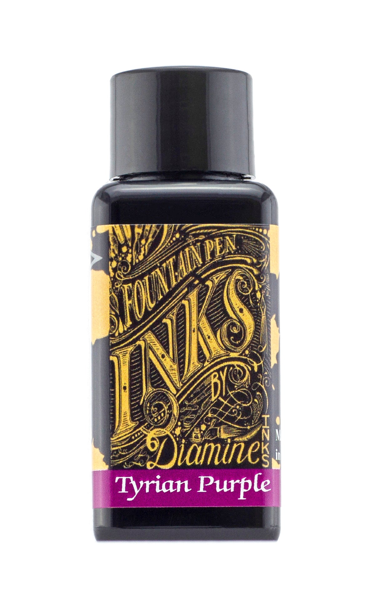 A bottle of 30ml Diamine Tyrian Purple fountain pen ink, in front of a white background.