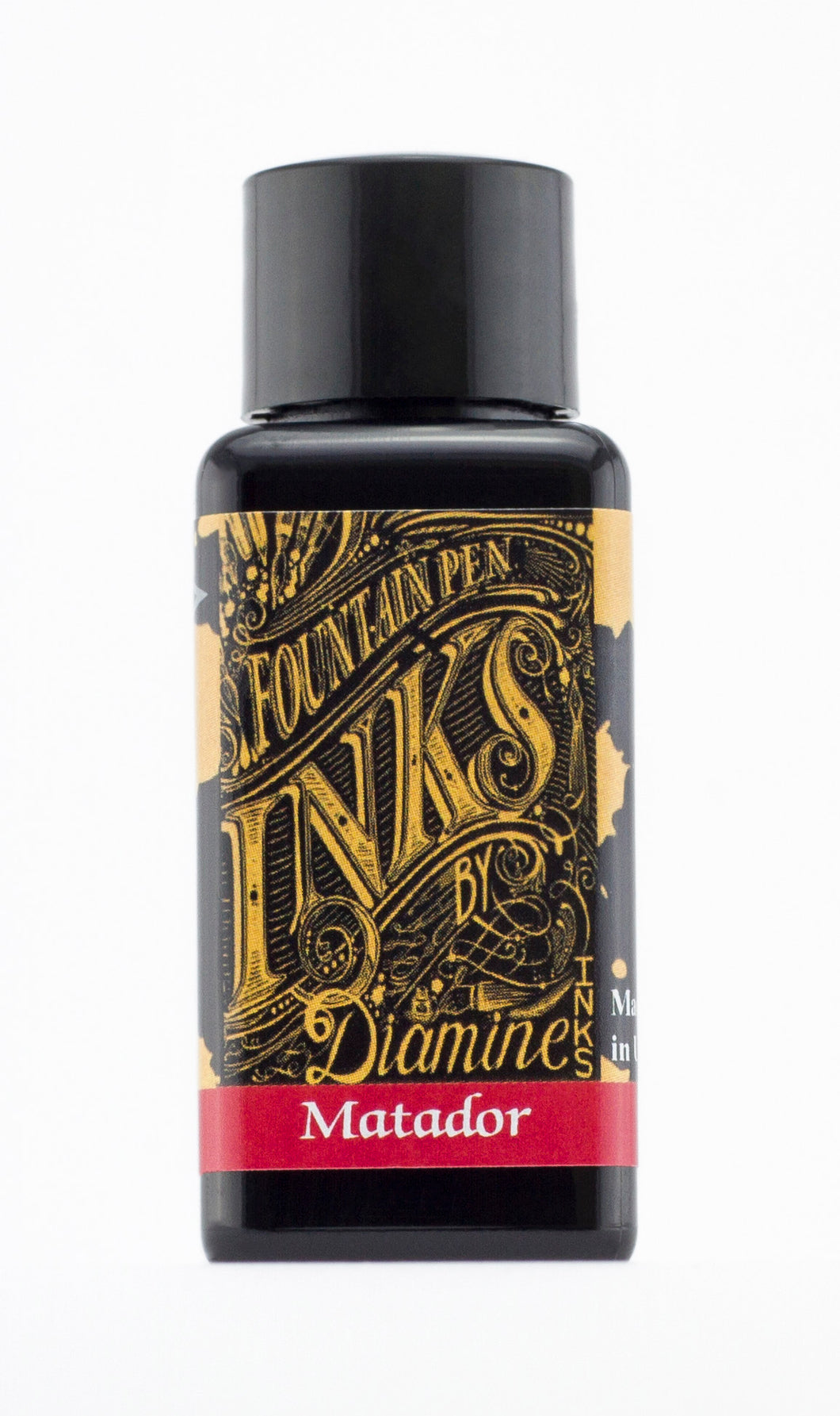 A bottle of 30ml Diamine Matador fountain pen ink, in front of a white background.